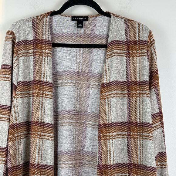 I.N. Studio Cardigan Womens 1X Gray Brown Plaid Stretch Open Front Duster Mature - Picture 3 of 8